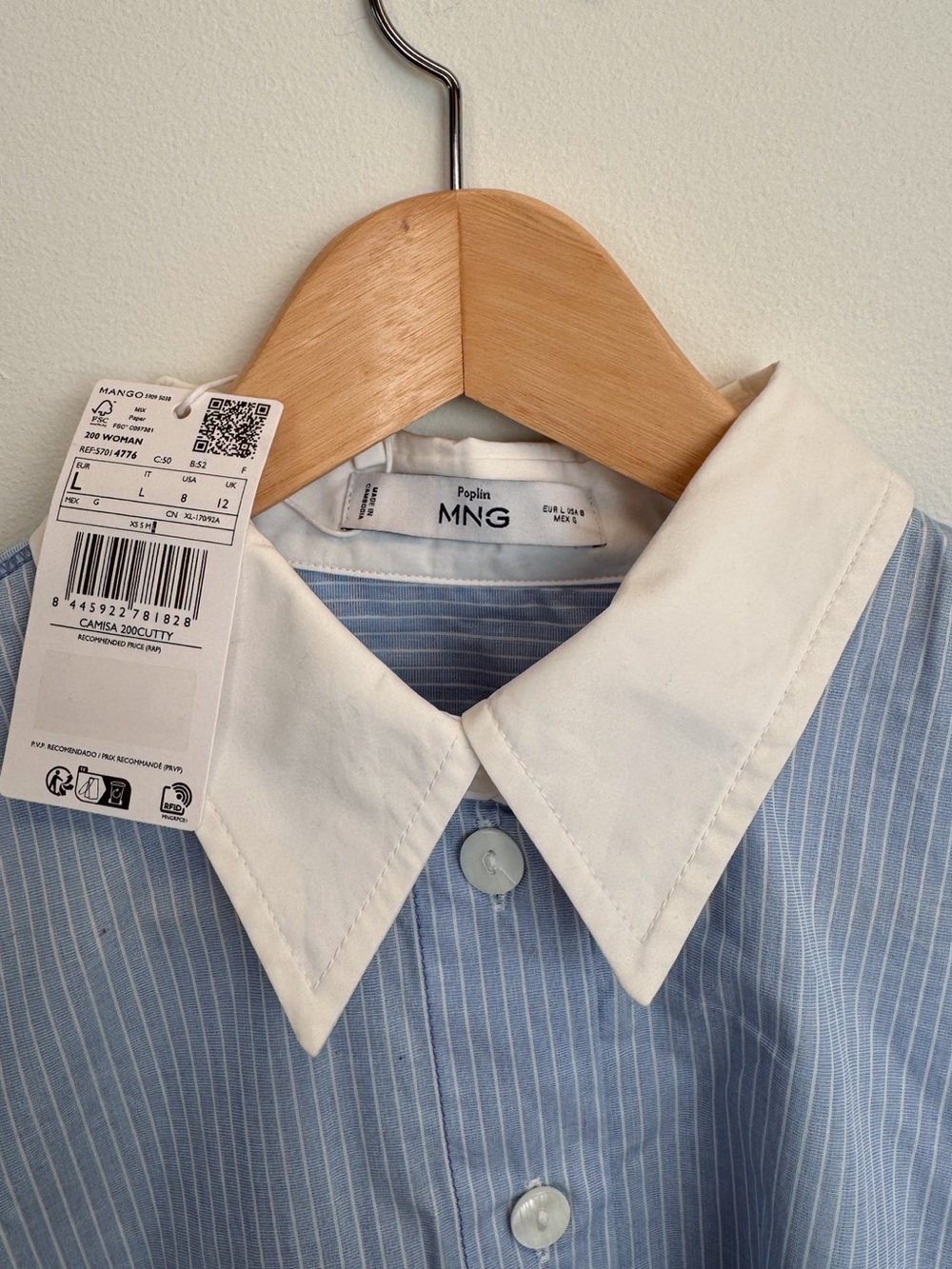 Mango Women’s cropped Blue poplin Pinstripe Shirt with White Contrast Collar